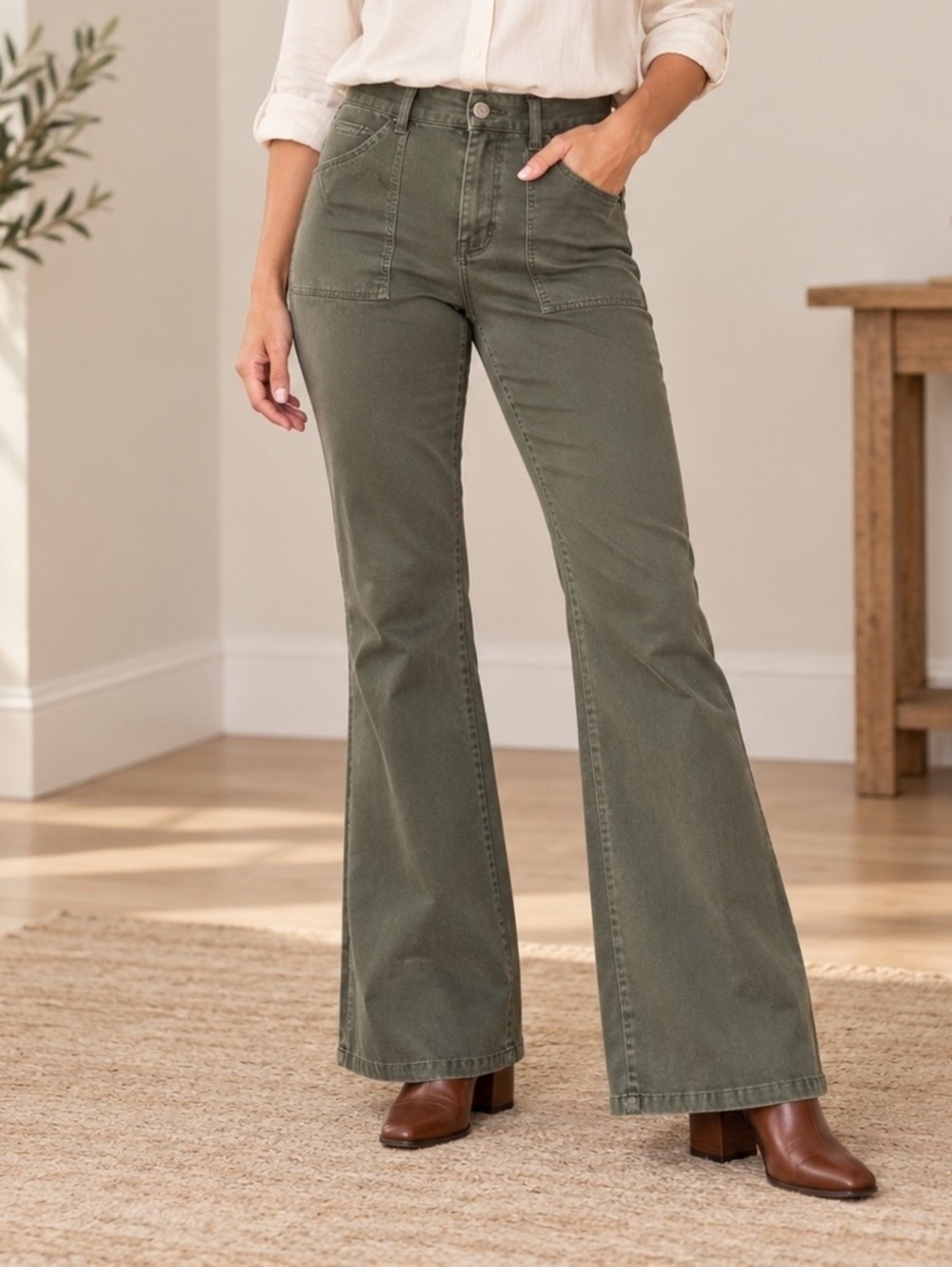KUT from the Kloth Ana High Rise Flare Olive Green Patch Pocket Pants